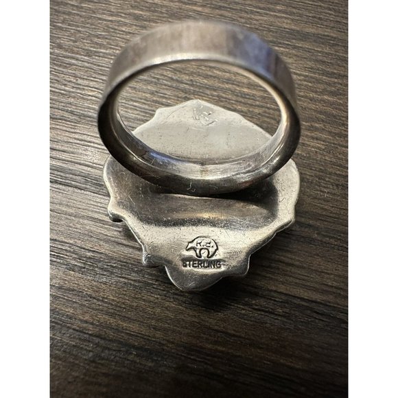 VINTAGE NATIVE AMERICAN RUNNING BEAR TURQUOISE & CORAL SIGNED RING SZ 9 - Picture 7 of 7